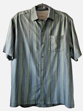 Tommy Bahama Original Fit Silk Button Front Shirt Mens Medium Green Gray Striped